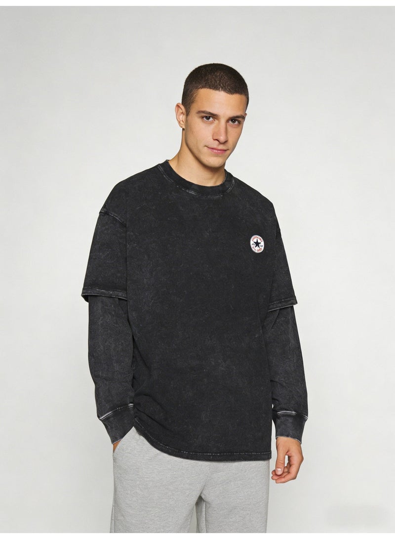 كونفرس Converse Black Acid Wash Double Layer Long Sleeve T-Shirt – Unisex Casual Streetwear - Image 5